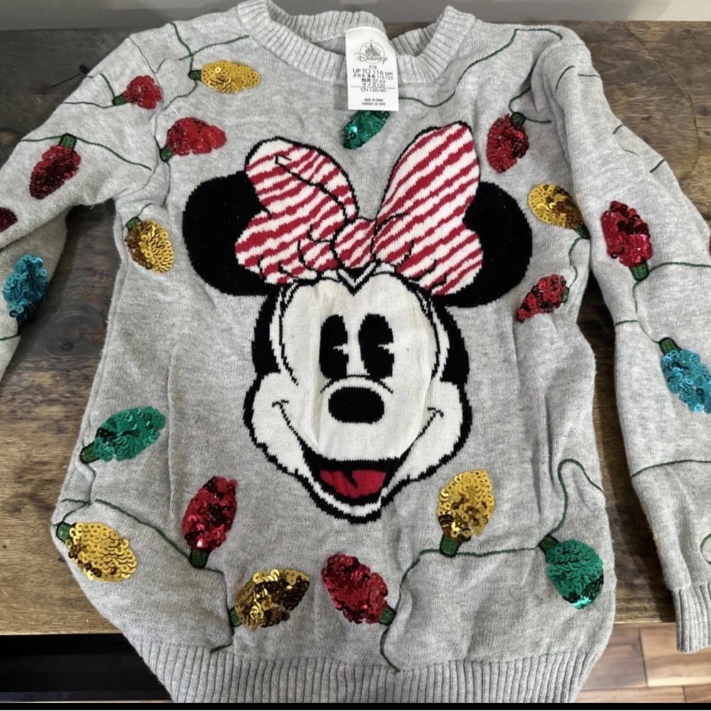 Disney Girl’s Gray Minnie Mouse Sweater with Colorful Sequins